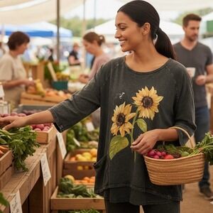 Jess & Jane Sunflower Graphic Mineral Wash Tunic Top 1X Made USA Boho Lagenlook